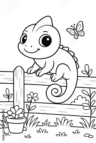 Cartoon chameleon sitting on a fence with butterfly in a garden scene