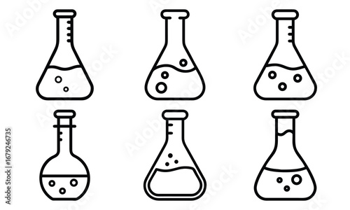 Collection of Laboratory Flask Icons – Black and White Line Art of Science Beakers, Chemistry Test Tubes, and Experimental Glassware Symbols for Education, Research, and Scientific Design