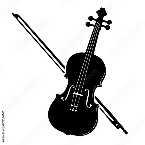 Black Silhouette Violin with Bow Vector Isolated on White Background