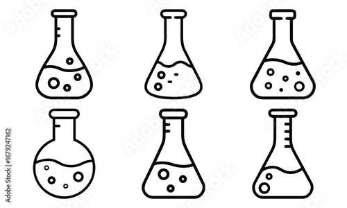 Collection of Laboratory Flask Icons – Black and White Line Art of Science Beakers, Chemistry Test Tubes, and Experimental Glassware Symbols for Education, Research, and Scientific Design