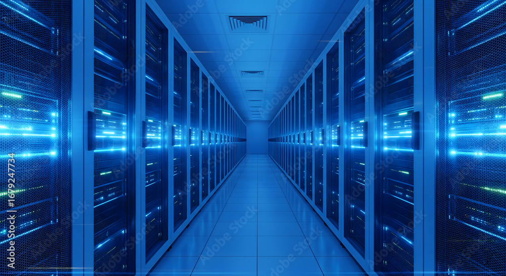 Fototapeta premium A long corridor filled with server racks illuminated with blue lights in a data center room
