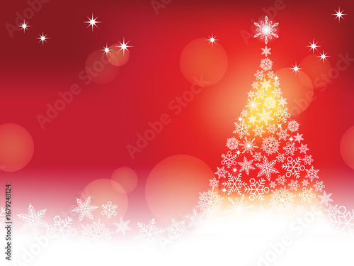 Festive Season: A glowing Christmas tree composed of intricate snowflakes graces a vibrant red backdrop, casting a warm light against the textured scene and twinkling with festive spirit.