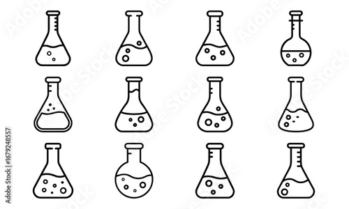 Collection of Laboratory Flask Icons – Black and White Line Art of Science Beakers, Chemistry Test Tubes, and Experimental Glassware Symbols for Education, Research, and Scientific Design