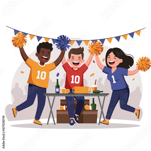 Three happy diverse sports fans cheer enthusiastically with pom-poms and snacks at a lively game day party.