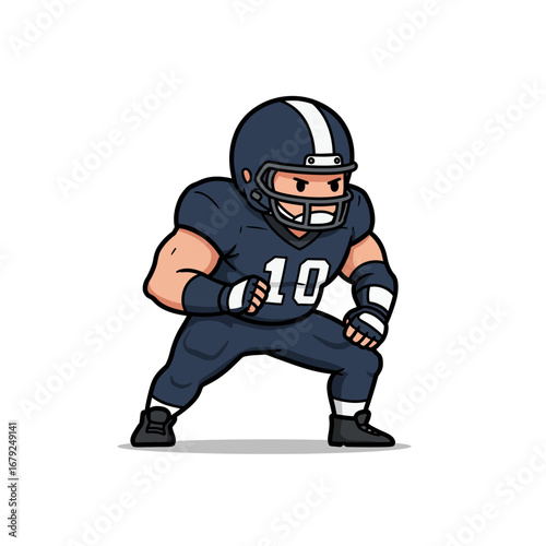 Cartoon American football player in a defensive stance, ready for action.