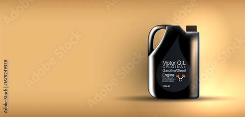 A black container of motor oil sits prominently against a smooth beige background. This oil is designed for use in both gasoline and diesel engines, ensuring optimal performance.