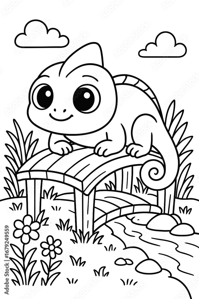 Naklejka premium Cute chameleon sitting on a wooden bridge over a stream illustration