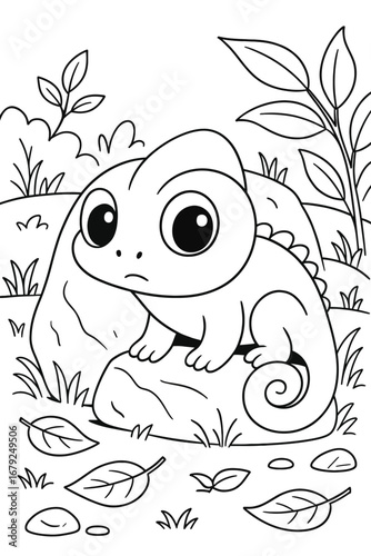 Cute chameleon sitting on a rock in a natural habitat line art illustration