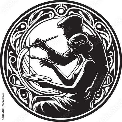 Mystical Black and White Illustration of a Bird with Wings Spread Above an Egg in a Frame