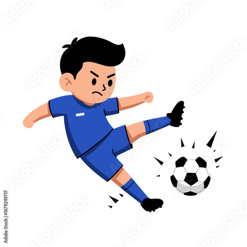 Determined young soccer player powerfully kicks the ball during a match.