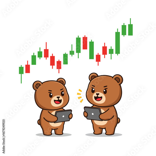 Two cartoon bears are interacting with tablets while a rising stock market graph is depicted above them.
