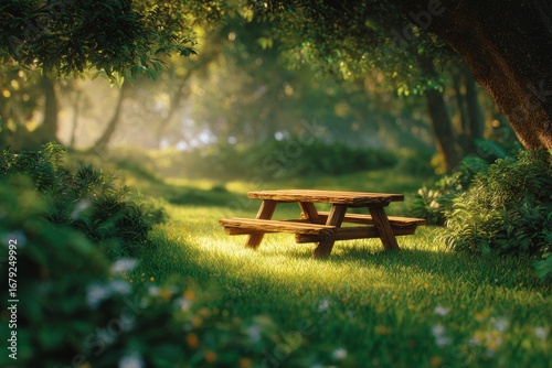Wooden picnic table in a sunny forest glade summer outdoor recreation