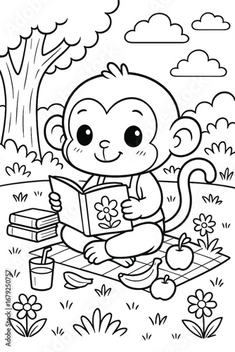 Cute monkey reading a book on a picnic blanket in a cheerful nature scene