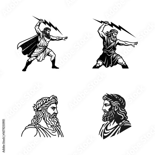 Zeus Greek God Vector Illustration Set with Lightning Bolt and Profile Busts