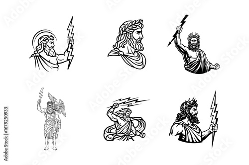 Zeus God of Thunder Vector Illustrations Set with Lightning Bolt and Laurel Wreath