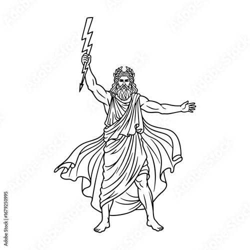 Zeus, Greek God of Sky and Thunder, Holding Lightning Bolt - Mythology Line Art Illustration