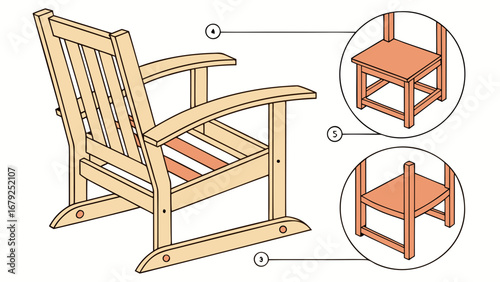 Illustration showing an adirondack chair and two detail views of a small wooden chair design