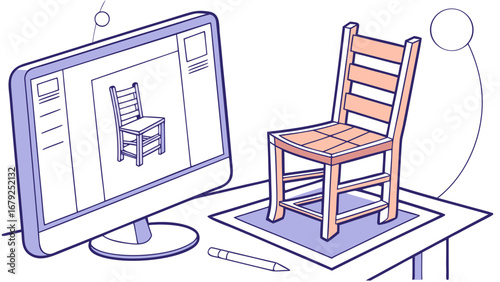 Illustration of a wooden chair next to a computer monitor displaying a chair design on a desk space