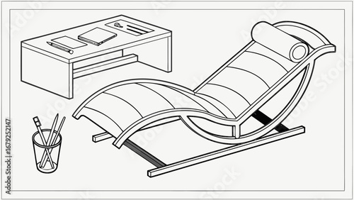 Isometric line drawing of a chaise lounge, desk, and pencil cup in a simple interior space