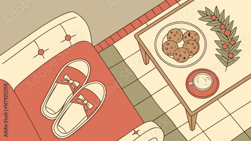 Cozy indoor scene featuring slippers on a couch, cookies, and a coffee cup on a table with a plant