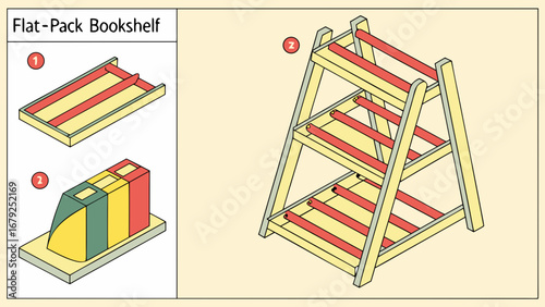 Illustration showing the assembly steps of a flat pack wooden bookshelf with red supports