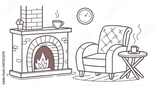 Illustration of a cozy living room with a fireplace armchair and a side table with a cup of coffee