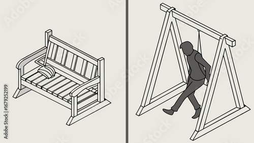 Isometric view of a wooden bench with a cushion and a person on a swing set illustration