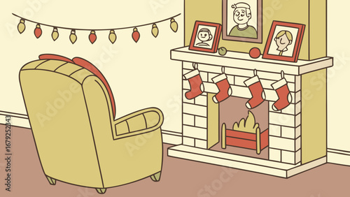 A cozy living room with a fireplace decorated for christmas with an armchair and christmas lights