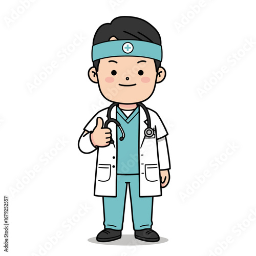 Cartoon illustration of a smiling doctor giving a thumbs up, wearing scrubs and a white coat.