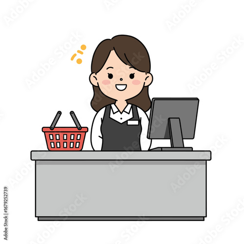 A friendly female cashier in an apron smiling behind a checkout counter with a shopping basket and register.