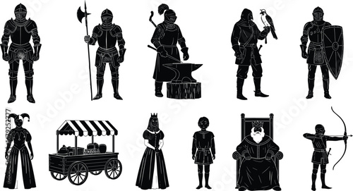 Medieval knights, king, queen, jester, archer, blacksmith, falconer, market cart, historical silhouettes, armor, weaponry, royal court, vector art