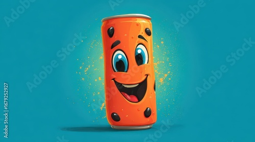 Cheerful Cartoon Can of Drink, Vibrant Design, Happy Expression.