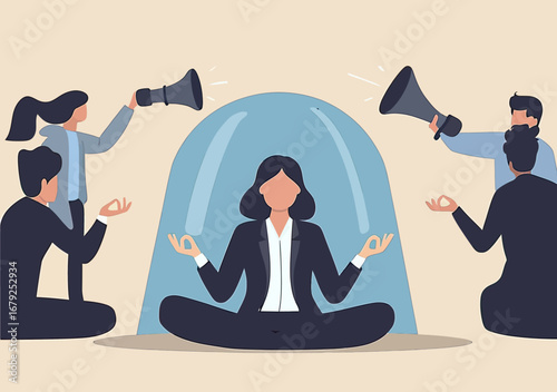 Businesswoman meditating in lotus pose under protective dome surrounded by coworkers with megaphones symbolizing calmness and focus in noisy office environment vector illustration