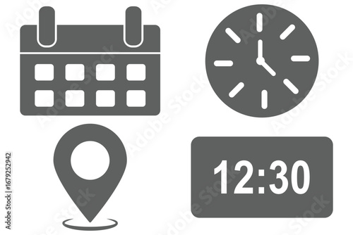 Vector icons of date, time and location of event in blue color for websites and graphic resources, calendar plan with specific day marked. Vector Date Time and Address icon set pictogram