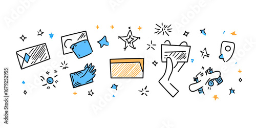 Hand drawn loyalty reward card icons set with hands, coupons, stars, tickets and discount symbols in doodle sketch style vector illustration