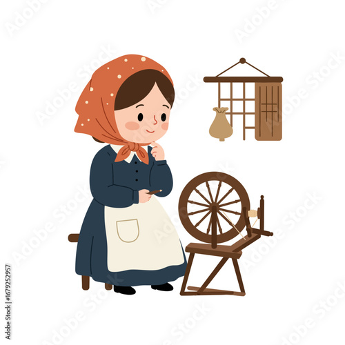 A cartoon illustration of a woman in traditional attire, contemplating her spinning wheel.