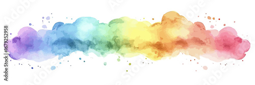 Horizontal watercolor rainbow color powder cloud splash with soft blended gradient hues from purple to red on white background vector illustration