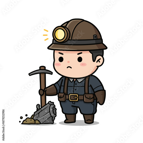 Cartoon miner with hard hat and headlamp, holding a pickaxe next to a pile of rocks.