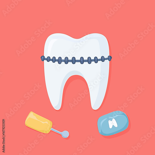 Vector illustration of single white tooth with dark blue braces wire and orthodontic tools on red background for dental care and oral hygiene concept