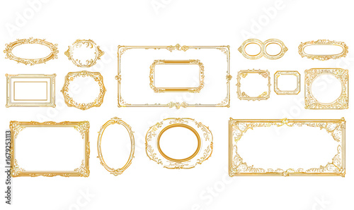 Set of elegant gold vintage decorative frames with ornate floral and baroque patterns in minimalist vector style isolated on white background for design elements and borders