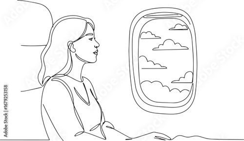 Minimalist one-line drawing depicting a woman seated by an airpl