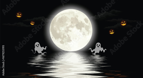 Spooky Halloween night with full moon, floating jack-o'-lanterns, and ghostly apparitions over water