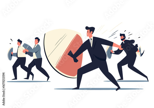 Businessman holding large shield defending against multiple attackers with shields and fists in competitive business fight concept flat vector illustration