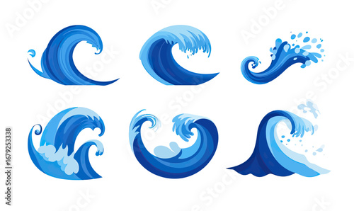 Set of six blue ocean wave icons in various shapes and styles with splash effects and curling water forms in flat minimalist vector design suitable for beach or sea themes