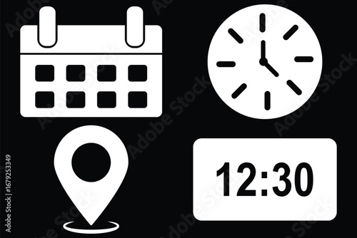Vector icons of date, time and location of event in blue color for websites and graphic resources, calendar plan with specific day marked. Vector Date Time and Address icon set pictogram