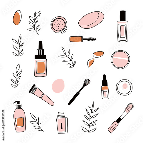 Hand drawn beauty makeup icons set with nail polish brush mascara foundation cream powder and leaves in minimalist doodle style vector illustration for cosmetic design elements collection