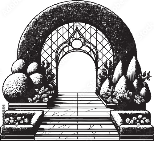Elegant Garden Archway: A Detailed Black and White Illustration with Greenery Elements