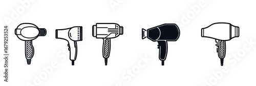 Set of five hair dryer icons in minimalist flat design showing different angle views and styles of electric hair drying tools in black and white vector