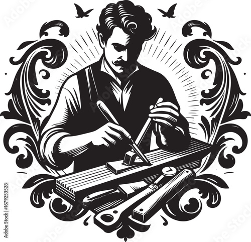 Silhouette of a miner with a hard hat and intricate floral frame for design elements