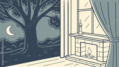 A cozy room with a fireplace and a view of a moonlit tree outside the window at night time